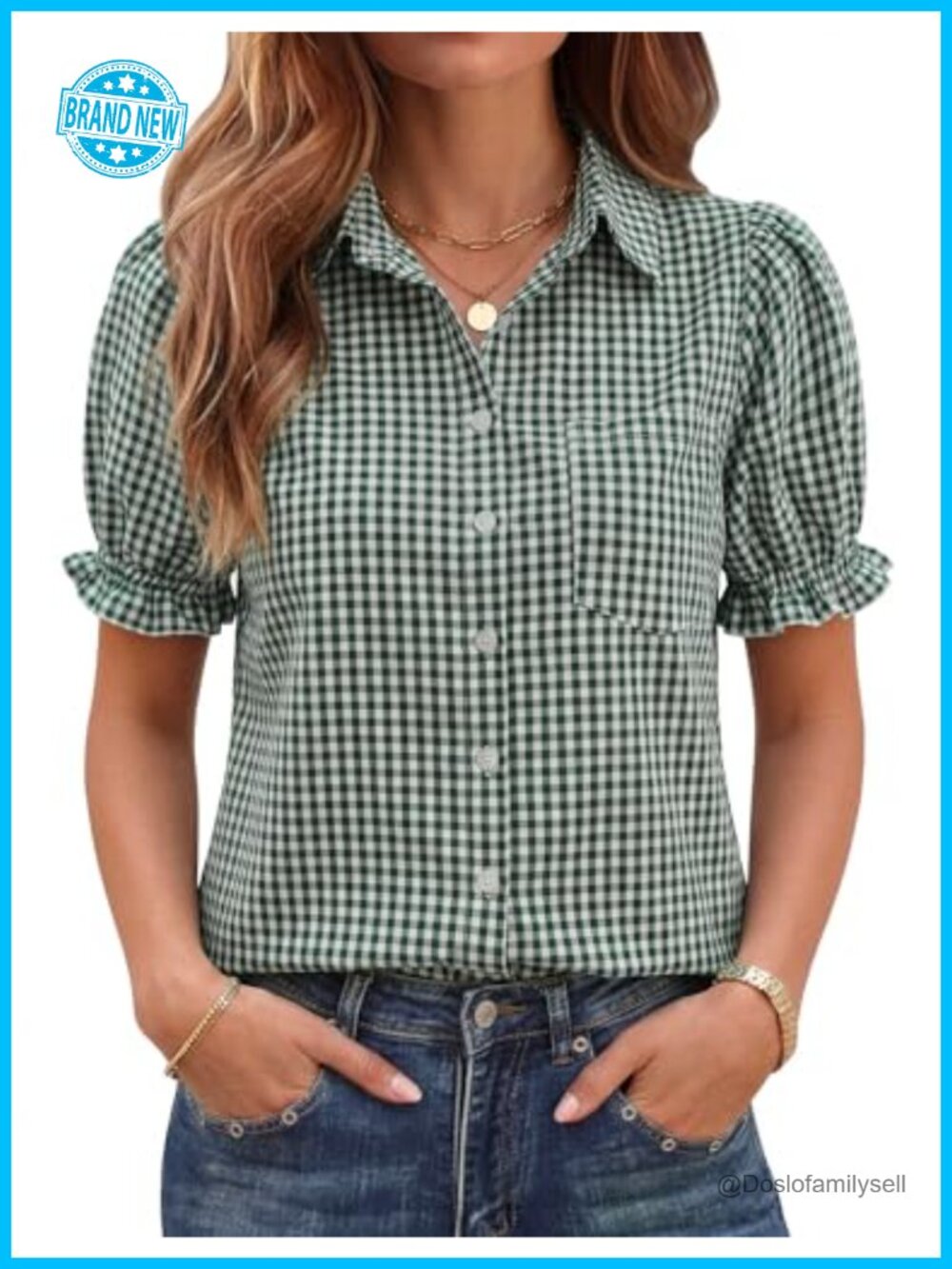 Linen Button Down Blouse Puff Sleeve V-Neck Dressy Casual Top
